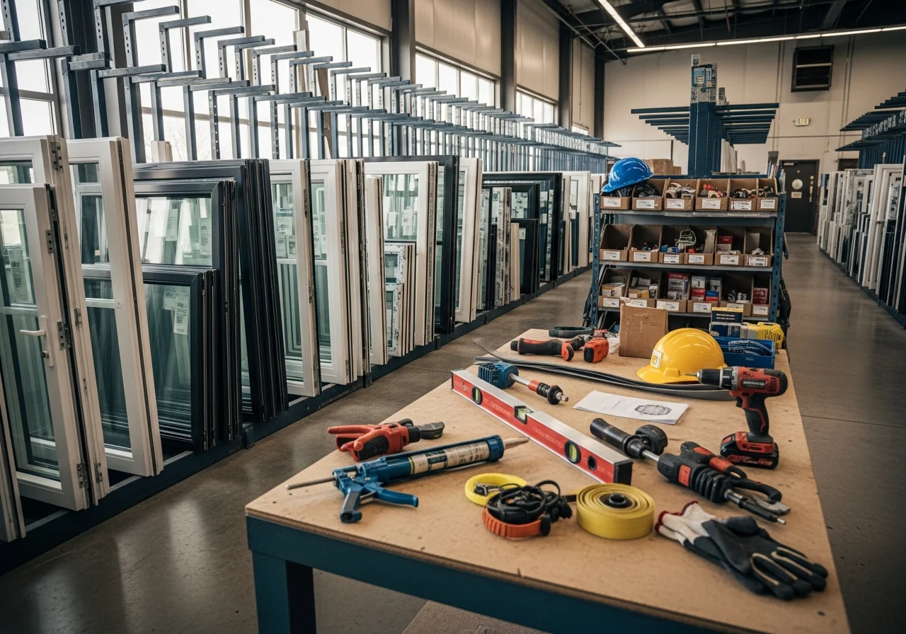 Professional contractor workspace with windows, doors, and installation tools organized for service readiness.