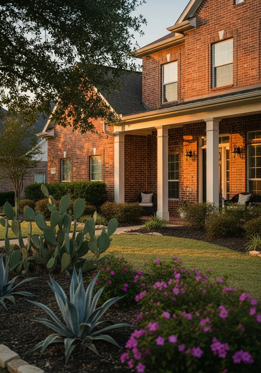 Portrait of a College Station family home with a welcoming front porch and landscaped yard.