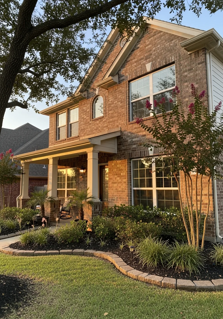 Portrait of a Conroe home's front facade with welcoming entrance and established landscaping.
