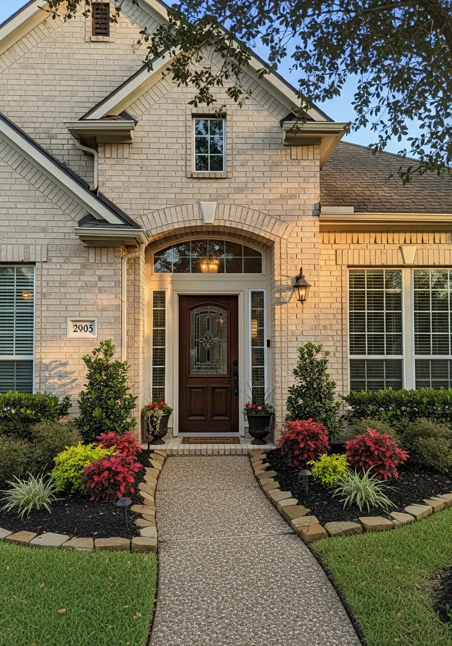 Portrait of a Cypress home's front facade with welcoming entrance and landscaped yard.