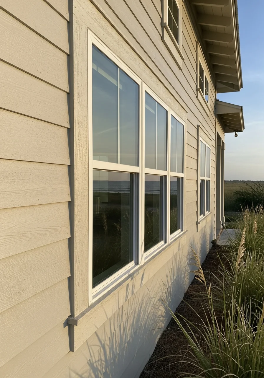 Close-up of a Galveston property's exterior showing salt-resistant finishes and coastal landscaping.