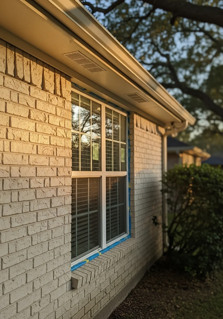 Close-up of a Houston home's exterior with mature landscaping and clear blue sky overhead.