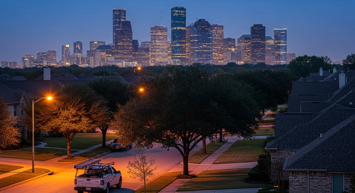 Wide view of Houston skyline at dusk with residential neighborhoods in the foreground and downtown towers in the distance.