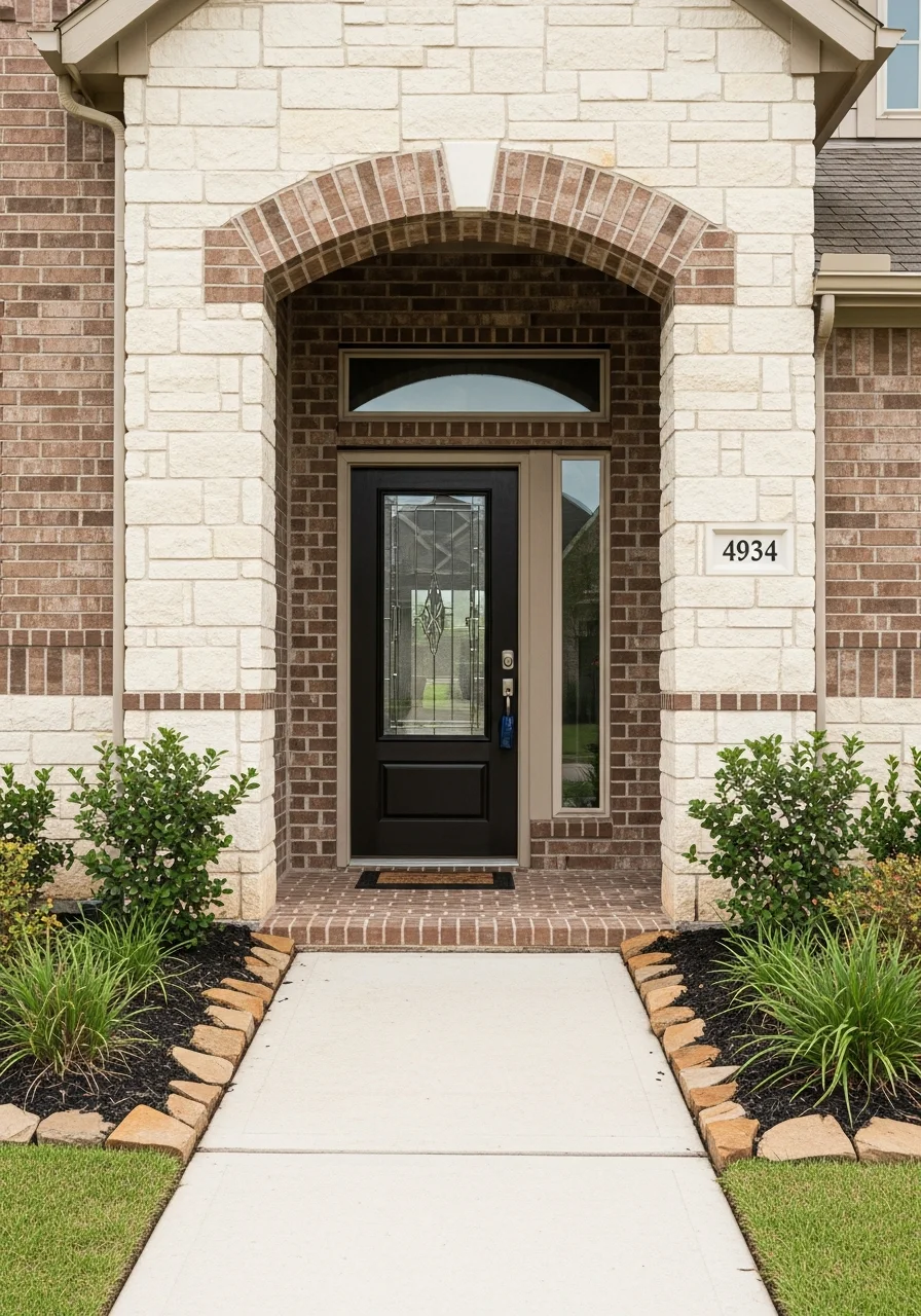 Close-up of a Katy home's entrance with attractive front landscaping and welcoming design.
