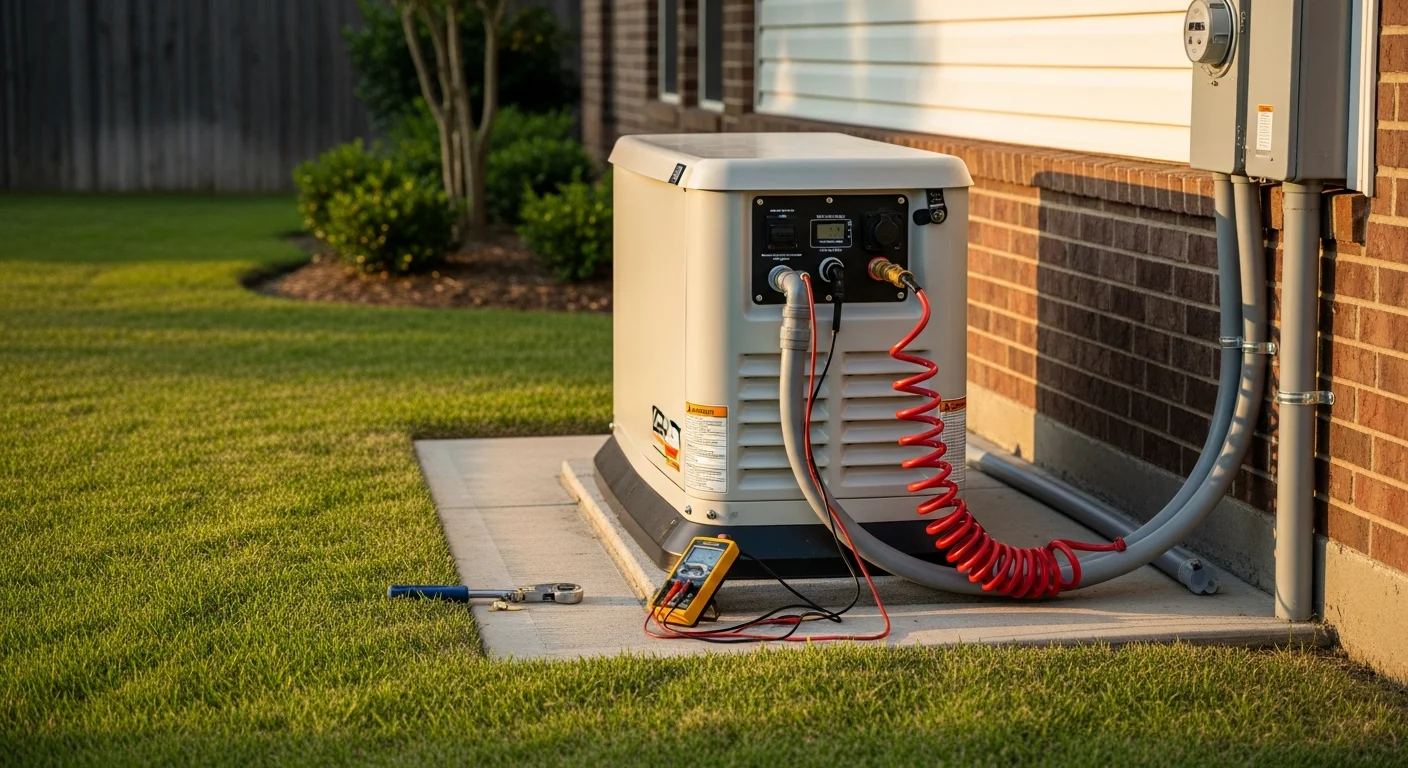 A permanently installed standby backup generator mounted on a concrete pad beside a brick residential home in Houston, Texas. The unit is connected to a transfer switch on the exterior wall with proper clearance from windows and vents.