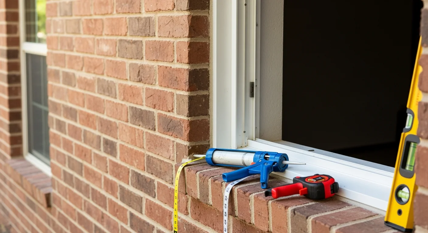 A freshly installed custom window on the exterior of a Houston residential home, showing a clean frame fit flush against brick siding with no visible gaps. Interior view shows natural light entering without condensation or visible seal failure.
