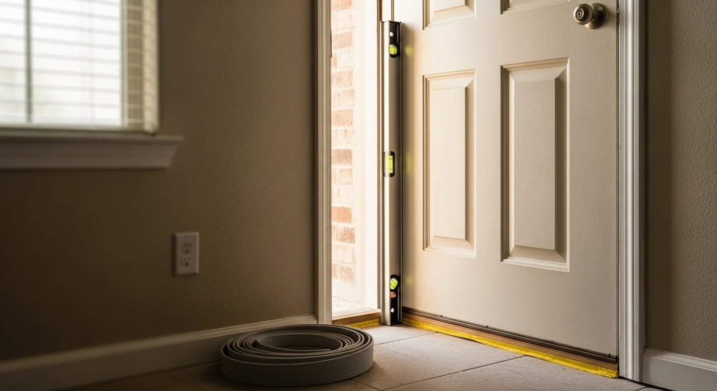 A newly installed exterior entry door on a Houston-area home, showing a flush fit within the frame with clean weatherstripping along all edges. The door is fully closed and hardware is in place, set against a brick facade typical of residential Houston construction.