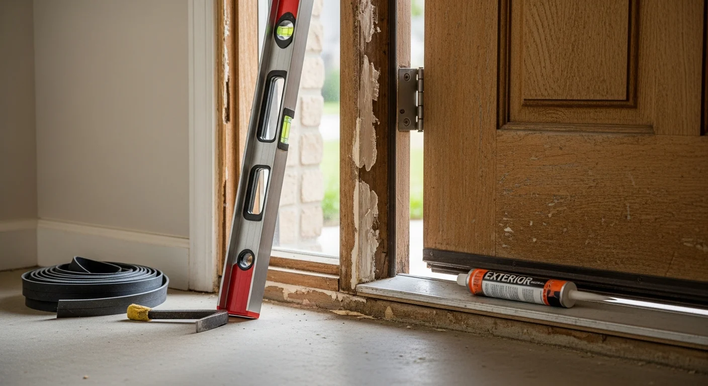 A repaired exterior door on a Houston home with a properly aligned frame and new weather stripping along the threshold. The door closes flush against the frame with no visible gaps.