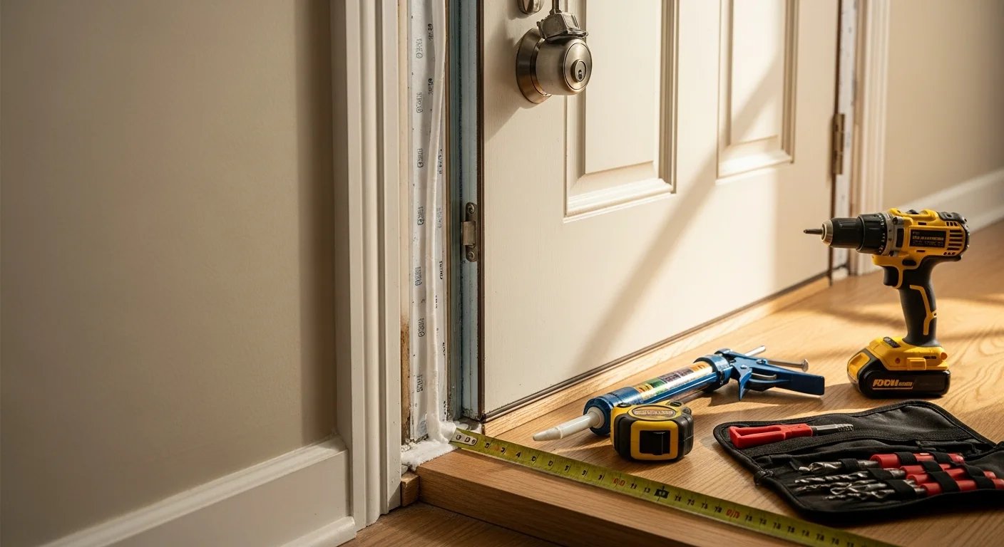 A newly installed exterior entry door on a Houston home, showing a clean frame fit, fresh threshold, and tight weatherstripping seal around the perimeter. The surrounding exterior trim is intact and the door sits flush and level within the opening.