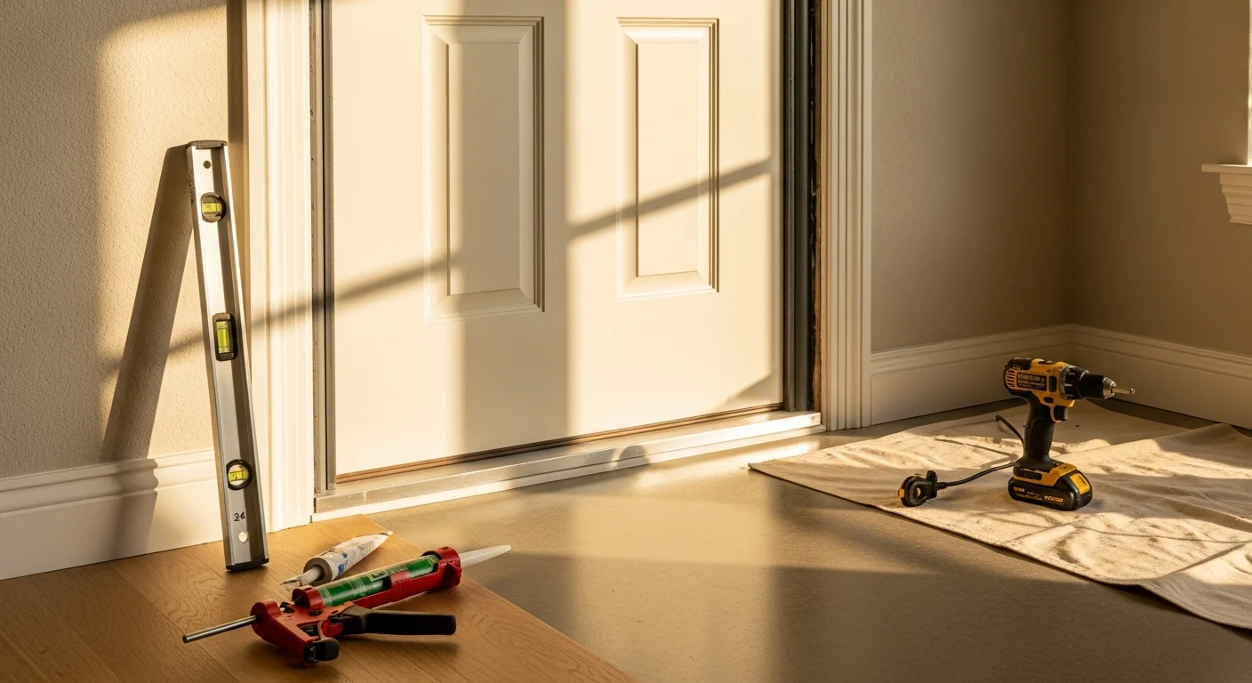 A newly installed residential entry door on a Houston-area home, showing a flush-fitting frame, fresh weatherstripping, and updated door hardware. The surrounding exterior trim is clean and undamaged, reflecting a complete professional installation.