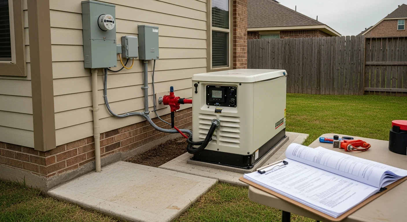 A standby generator installed on a concrete pad beside a Houston home, connected to a transfer switch on the exterior wall. The unit is positioned away from windows and doors in compliance with Houston residential code requirements.