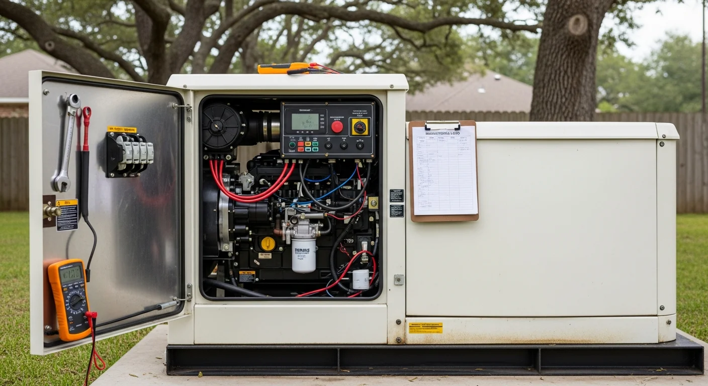 An Armadillo Home Services technician performing a maintenance inspection on a residential standby generator outside a Houston home. The technician checks the control panel and engine compartment of the unit mounted on a concrete pad beside the house.