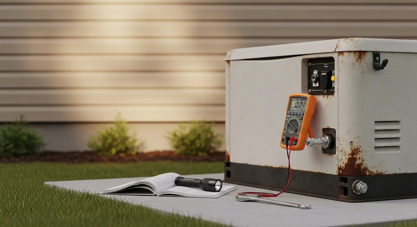 An Armadillo Home Services technician inspecting the control panel and transfer switch of a residential standby generator outside a Houston home. The unit sits on a concrete pad beside the house, with the technician using a diagnostic tool to read fault codes.