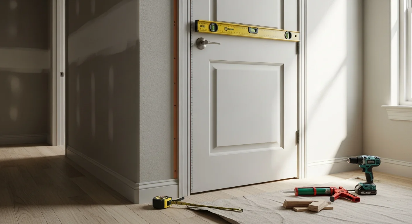 A newly installed interior door with clean trim and a properly aligned latch in a Houston home hallway. The door frame sits level and flush against painted drywall, showing a finished residential installation.