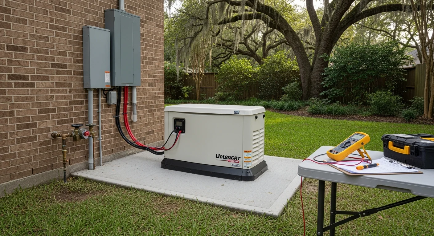 A permanently installed residential standby generator mounted on a concrete pad beside a single-family home in Houston, Texas. The unit is connected to the home's natural gas line and electrical transfer switch, with clear side-yard clearance from the exterior wall.