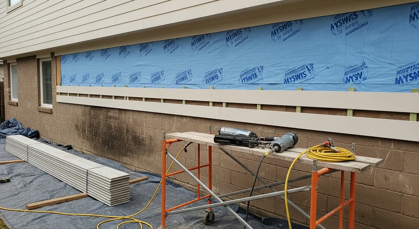 A Houston residential home with newly installed exterior siding, showing clean panel lines, sealed corner trim, and a moisture barrier visible at the edge of the installation. The home exterior reflects a completed siding replacement project in a Houston neighborhood.