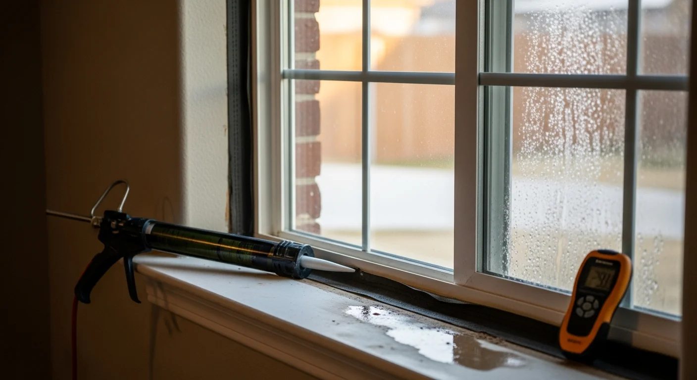 A Houston residential home exterior showing newly installed windows with clean frames and sealed edges. A technician from Armadillo Home Services inspects the window perimeter for proper flashing and weatherproofing.