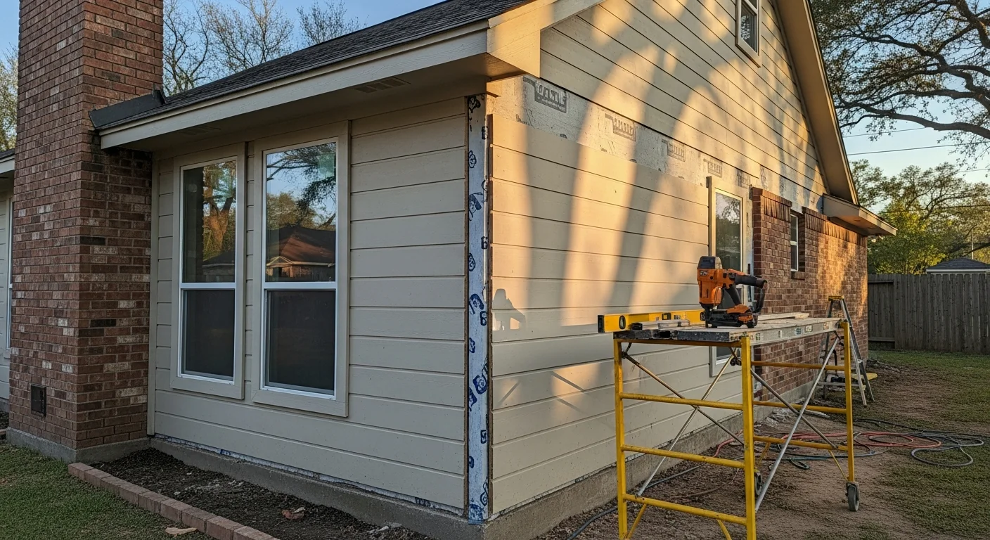 A Houston single-family home with freshly installed exterior siding, showing tight panel alignment, sealed corner trim, and a clean roofline against a clear Texas sky. Close-up view highlights the flashing detail around a front window on a brick-accented suburban home.