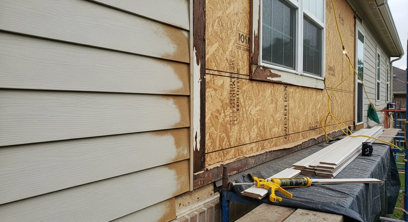A Houston home exterior showing freshly repaired siding panels with clean edges and consistent color along the front wall. A contractor inspects the corner trim where new sections meet existing panels on a residential property.