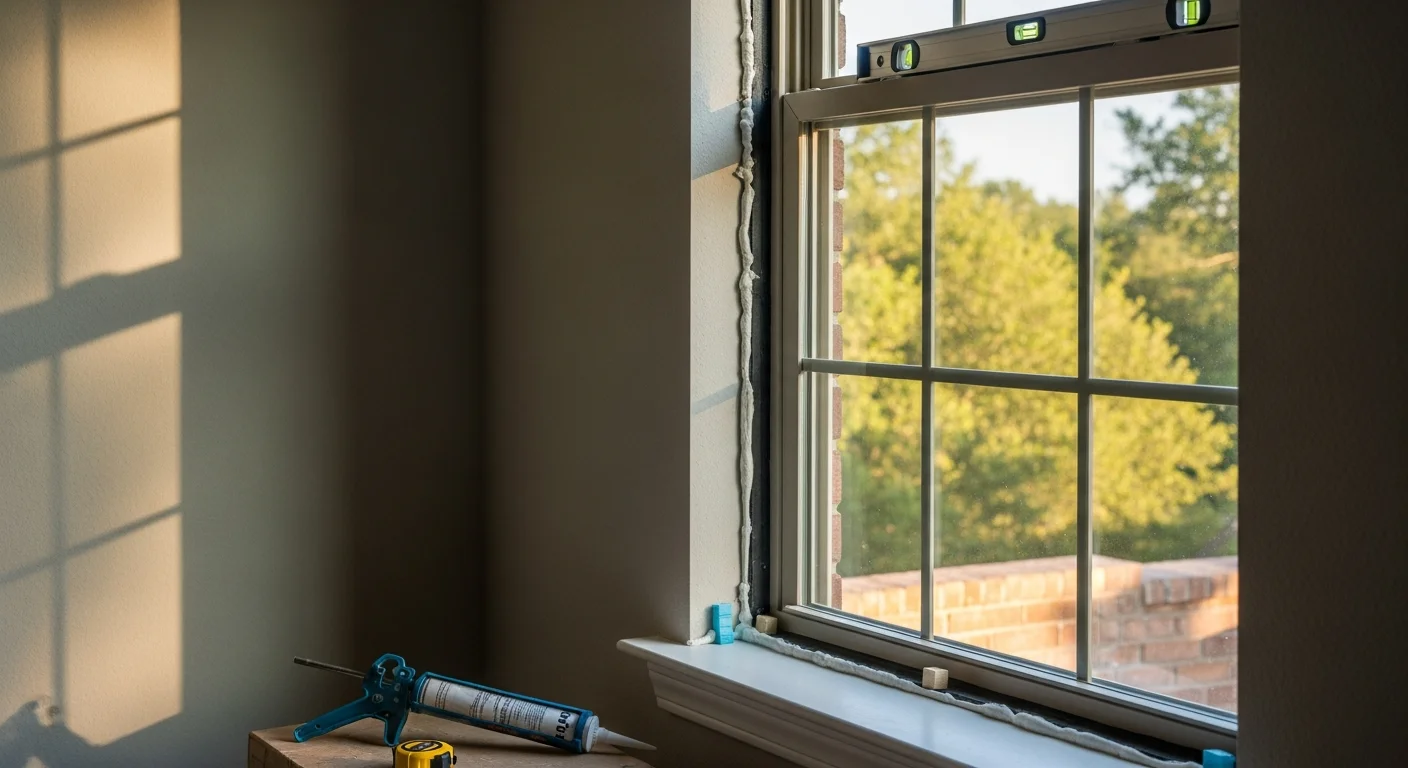 A freshly installed window on a brick Houston home exterior, showing a clean frame seal and clear glass with no condensation. The surrounding trim is intact and flush against the wall, reflecting a completed professional window installation.
