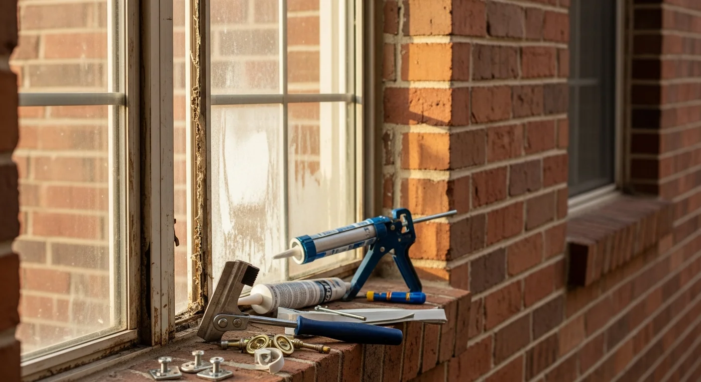 A Houston home window after professional repair, showing clear double-pane glass, a properly seated frame, and a secure latch on a single-hung window. The repaired window faces a residential street typical of Houston neighborhoods.